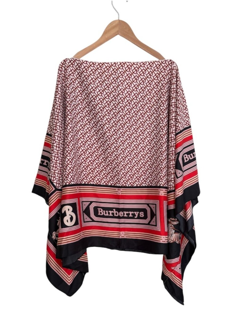Vintage Burberrys All Over Monogram Red Black Silk Poncho Cape One Size